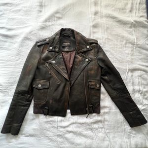 Members Only Black Washed Moto Leather Jacket- XS